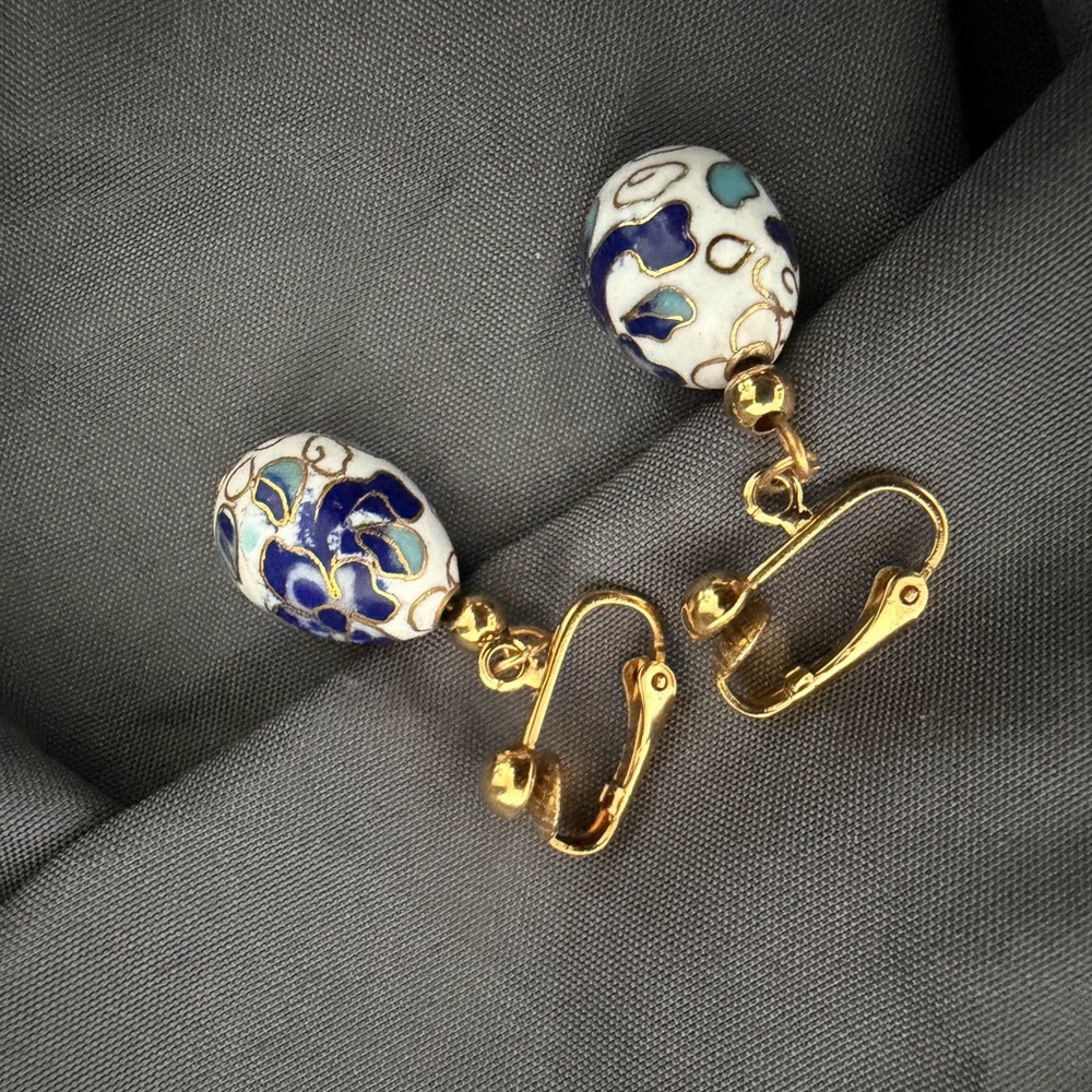 Gold-Tone Blue & White Cloisonné Drop Clip-On Earrings